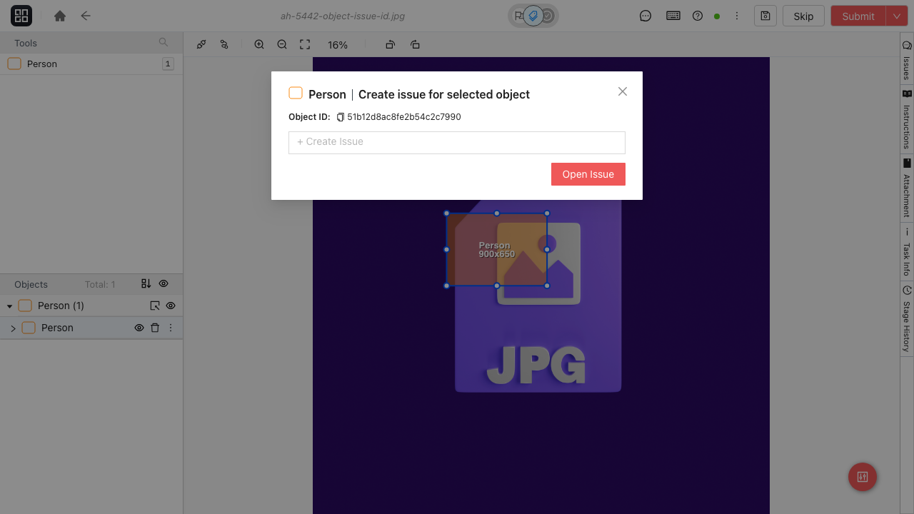 The object-level issue creation dialog displaying the selected object's Object ID