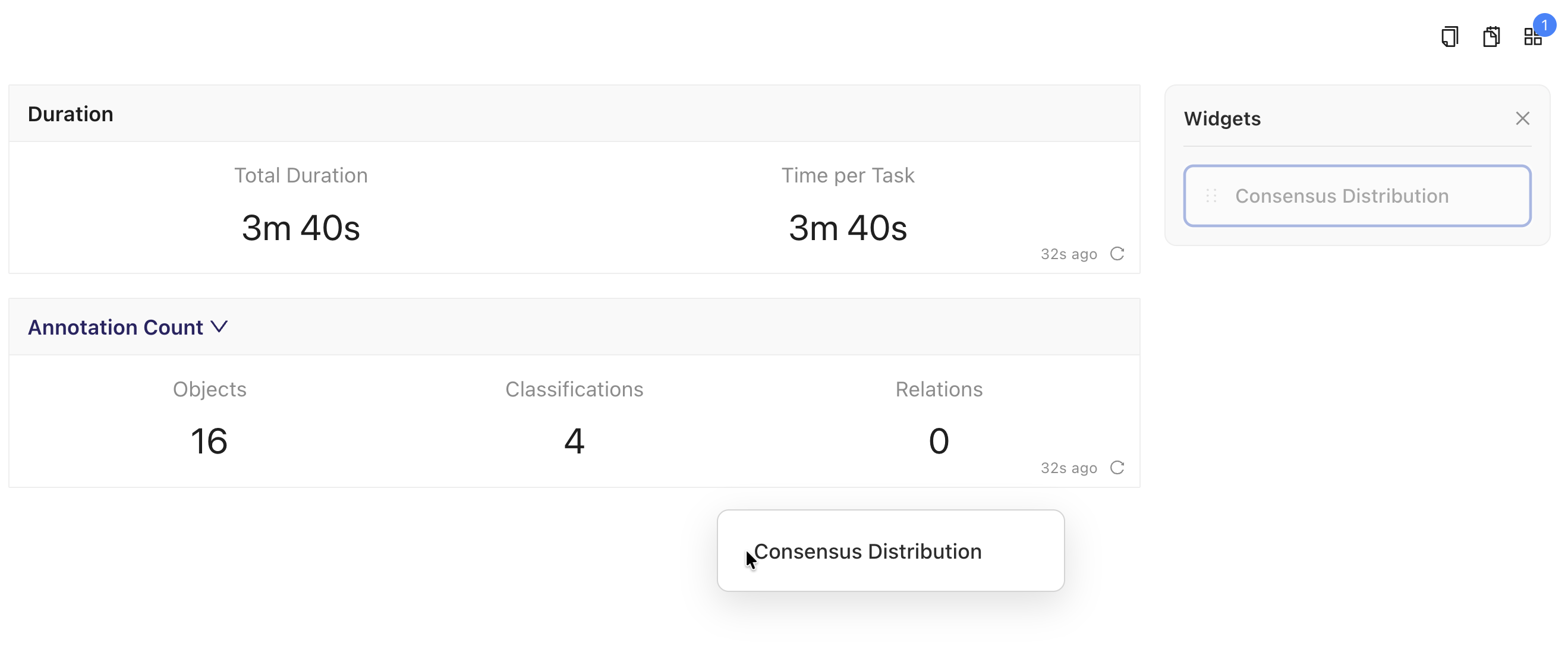 Project Dashboard with the Widgets panel open and Consensus Distribution being dragged onto the Dashboard