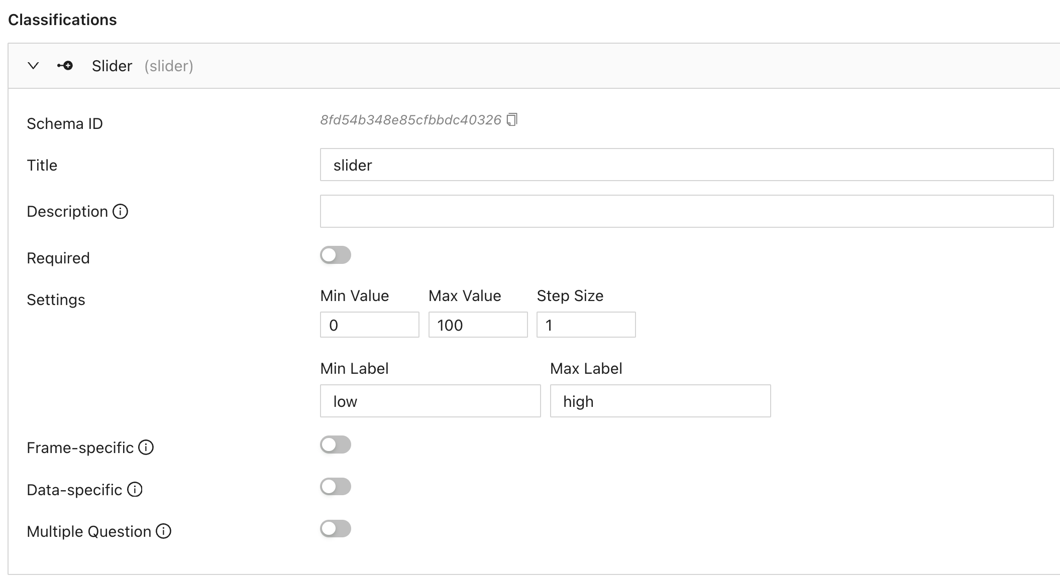 Slider classification configuration fields