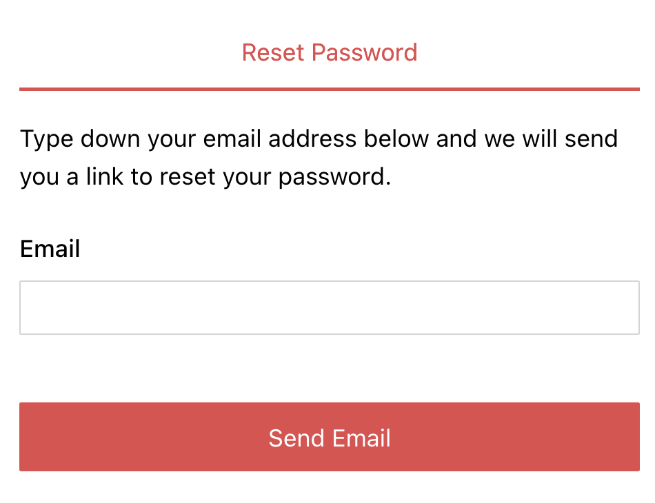 Reset Password screen with an email field and Send Email button