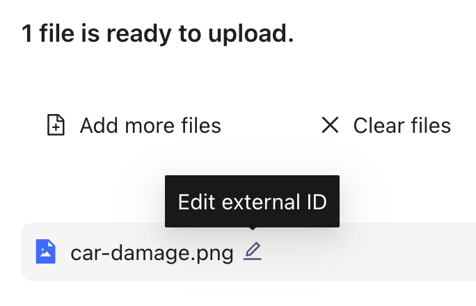 Edit External ID button next to a file in the Local Upload window