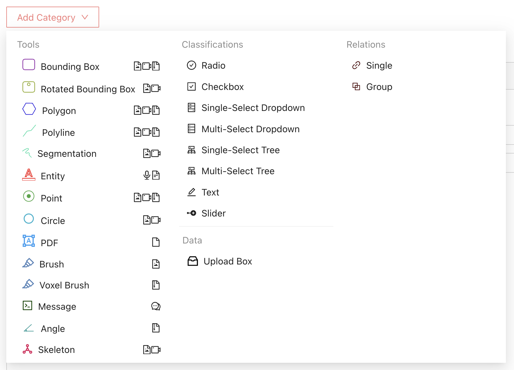The Add Category menu with Slider in the Classifications section